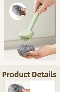 Detail view of the kitchen dish brush with replaceable stainless steel wire ball scrubber