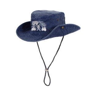 Outdoor washed blue bucket hat with mountain embroidery and adjustable wind rope