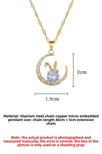 Detail view of crescent moon rabbit necklace with dimensions 2cm height and titanium steel chain