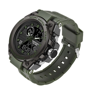 Army green SANDA dual display tactical sport watch with 30m waterproof rating and resin strap