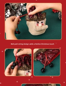 Detailed view of Santa drawstring gift bag with plush texture and red satin ribbon closure