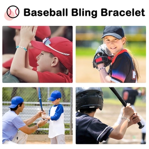 Action shots of athletes wearing colorful baseball themed beaded bracelets with cross charms
