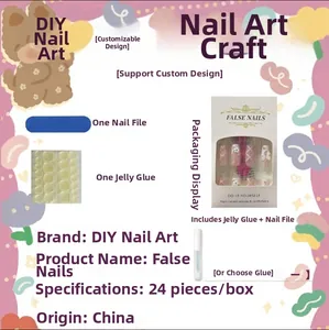 Pink French press-on nails set with floral designs, bow accents and application kit