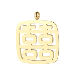 Detailed view of the gold hollowed-out double happiness square pendant in titanium steel