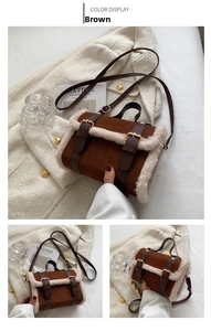 Detailed close-up of brown faux suede handbag featuring soft white faux fur trim and gold buckles
