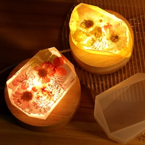 Macro view of crystal faceted resin night light with dried flowers and wooden LED base