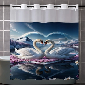Detail of waterproof shower curtain with swan heart print and white buttonhole design