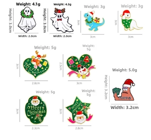 Detailed view of Christmas enamel pins featuring Santa and cartoon holiday characters