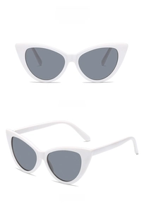 Front and 45-degree side views of white cat eye sunglasses with grey lenses