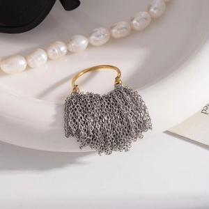 Bague luxe bicolore en acier inoxydable avec pampilles dorées et argentées