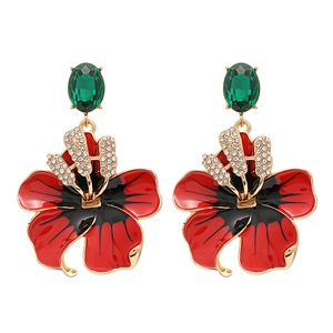 Boucles d'oreilles vintage fleurs rouges et noires avec cristaux verts et strass