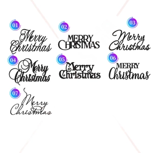 Seven acrylic Merry Christmas cake topper font styles with numbered labels on white background