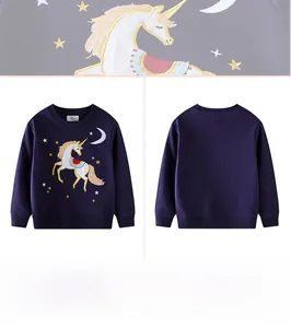 Detail of unicorn embroidery on navy blue cotton sweatshirt for toddler girls