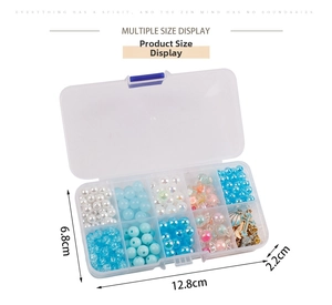 Detailed size chart showing 10-grid storage box dimensions for DIY jewelry bead kit