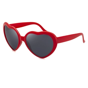 Romantic red heart-shaped sunglasses with black lenses shown from a 45-degree angle