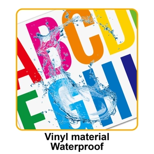 Close-up of waterproof vinyl alphabet stickers showing water splash resistance