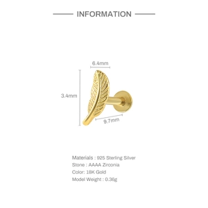 Detailed technical specs for feather cartilage stud with 925 silver and zircon