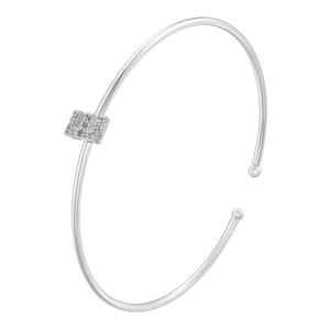 Detailed shot of silver-tone open cuff bracelet featuring a micro-set zircon rectangle bar