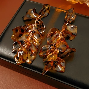 Detailed view of leopard print amber resin earrings on black leather packaging