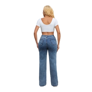 Damen Jeans mit hoher Taille, geradem Bein in Vintage-Dunkelblau und liftender Rückansicht