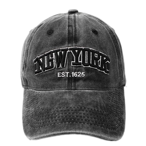 Vintage dark grey washed cotton baseball cap with New York 3D embroidery and sun visor