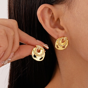 Irregular Round Stud Earrings Gold Plated Copper With Zircon And 925 Sterling Silver Earring Post Hammered Texture For Women
