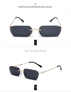 Detailed front and side views of vintage rimless rectangle sunglasses with gold metal frame