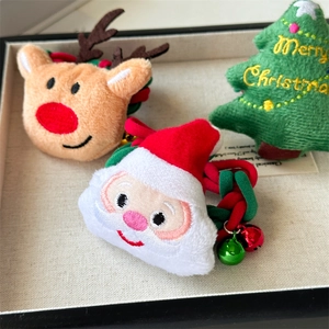 Cute Christmas plush scrunchies featuring Santa, reindeer, and tree with small bells