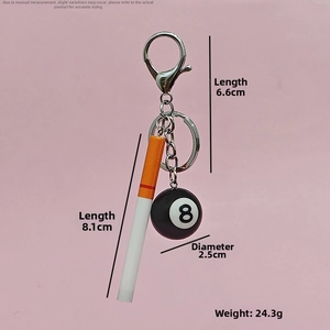 Miniature cigarette and No. 8 pool ball keychain dimensions and weight details