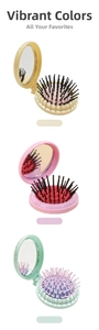 Three-pack colorful folding travel brushes with mirrors in yellow pink and mint green