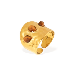Vintage wide gold stainless steel open ring with three teardrop tiger eye stones
