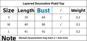 Size chart showing S-L measurements for the layered plaid top in centimeters and grams