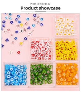 Macro detail of 6mm millefiori floral beads in colorful glass for DIY jewelry making