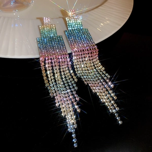 Détails de boucles d'oreilles à longs gland en strass colorés dégradés sur assiette en céramique