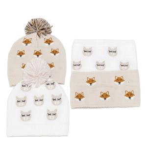 Winter knit set for kids featuring fox embroidery with beanie hats and neck warmers