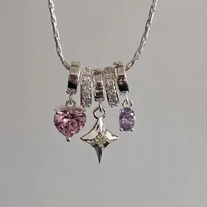 Fantasy Starburst Heart Pendant Necklace For Women Copper Electroplated Rhinestone Star Heart Clavicle Chain Jewelry Gift