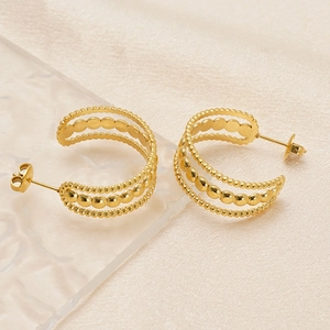Boucles D'oreilles Créoles En C Acier Inoxydable Plqué Or 18K Pour Femmes Triple Rangée Perlée Géométrique Bijoux