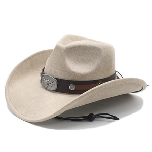 Cappello da cowboy western in pelle scamosciata beige con fibbia a toro e borchie