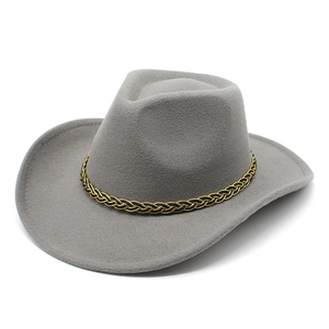 Top view of grey wool felt cowboy hat with woven decorative band and wide brim detail