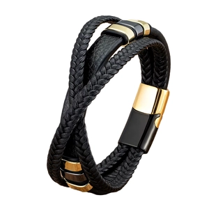 Multi-layer black braided leather bracelet for men with gold and black magnetic clasp