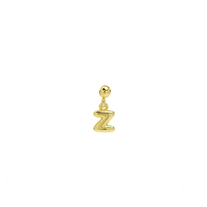 Macro detail of 18k gold plated bubble letter Z pendant with glossy metallic finish