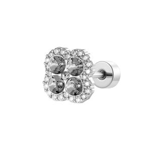 Silver four-leaf clover stud earring with dark grey gems and screw back closure