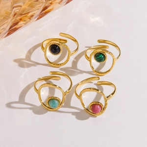 Set of four minimalist 14K gold plated open rings featuring colorful natural stone inlays