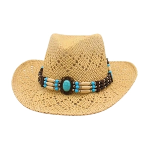 Handwoven straw beach hat with turquoise beads and western cowboy bohemian style