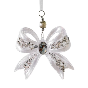 Sparkling acrylic Christmas tree bow ornament with silver sequins and central grey gemstone