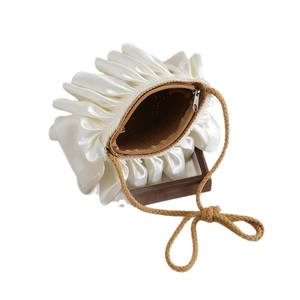 Elegant white satin pleated mini handbag with brown braided strap for kids and women