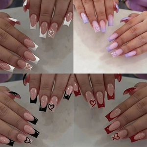 French Tip Press On Nails ABS Square Medium Long Heart Pattern Fake Nails For Women Valentine's Day Daily Wear
