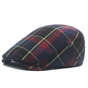 Classic British style plaid flat cap in dark blue and red tartan patterns for men and women