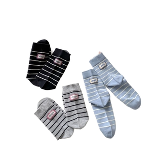 Striped cotton crew socks set in black, grey and blue with struggle embroidered patch