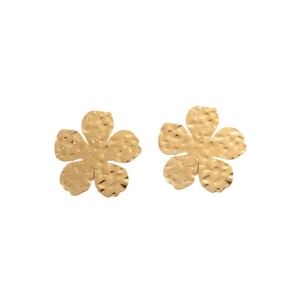 Gold plated ginkgo leaf flower earrings with hammered metal texture on white background